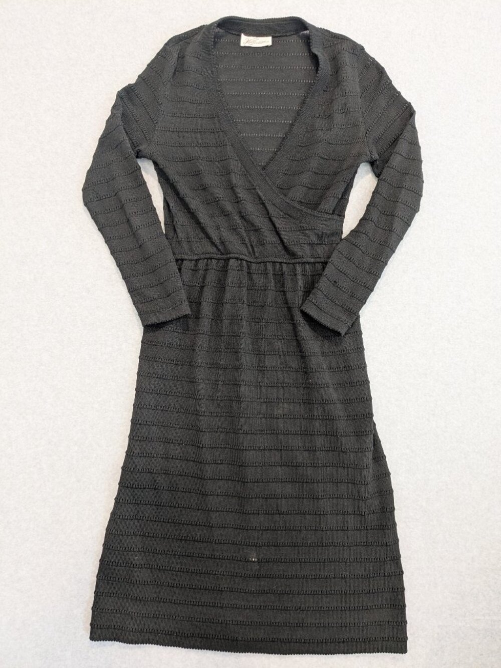 Vintage 80s 90s Kollection Black Open Knit Dress 10 Whimsigoth Vneck Long Sleeve